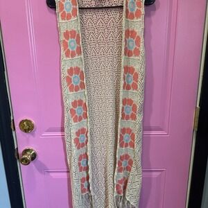 Oh MG! Womens Small Beige Crochet Floral Longline Open Front Duster Vest Boho